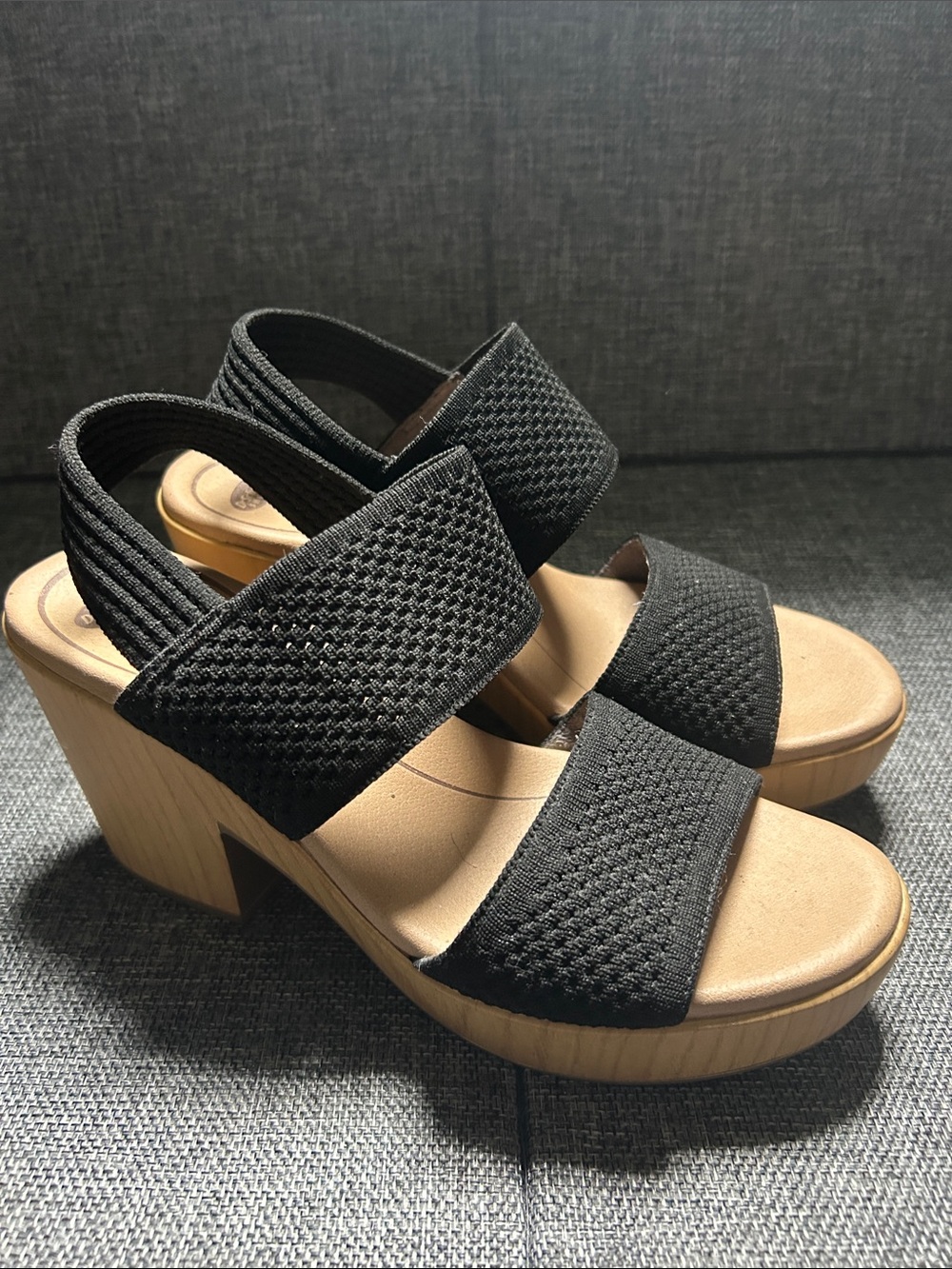 Dr. Scholl's Black Double-Strap Wedge Sandals with Wood-Effect Heel